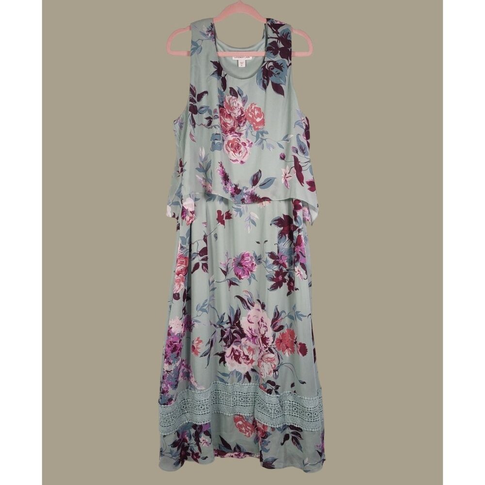 Coldwater Creek Green Floral Maxi Dress Crochet Detail Sleeveless Womens Size XL